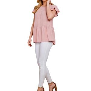 Perfect Peach Boutique Ribbed Knit Dusty Rose Ruffle Sleeve Tiered Blouse S